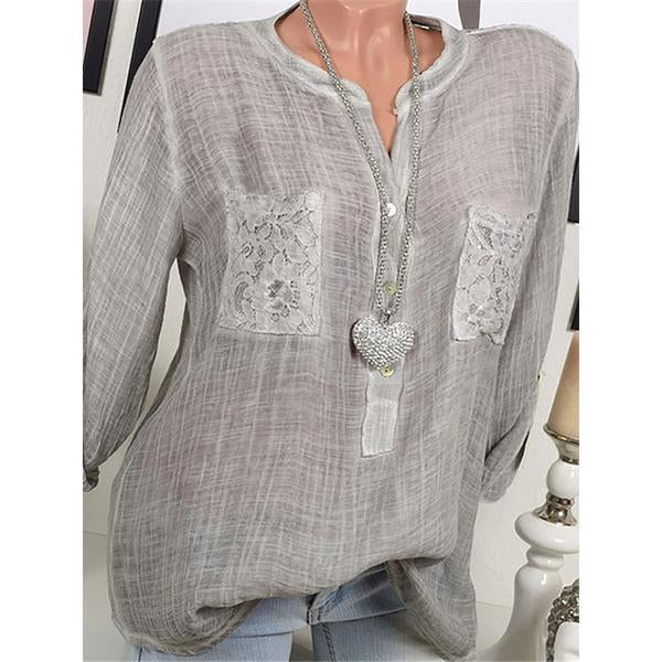 Daily Lace Pocket Solid Color Blouse