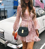 Women Vintage Ruffle Long Sleeve Chiffon Sashes Mini Dress