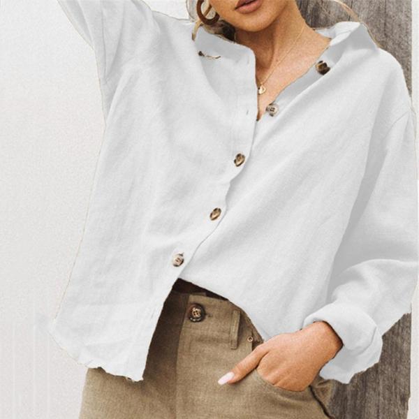 Solid Color  Lapel Neck Button Blouse