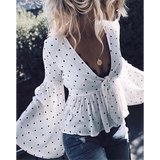 Sexy V Neck Polka Dot Lace-Up Blouse