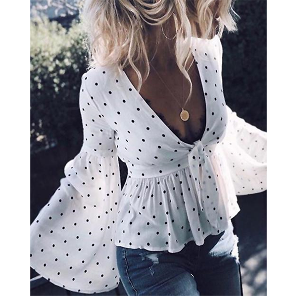 Sexy V Neck Polka Dot Lace-Up Blouse