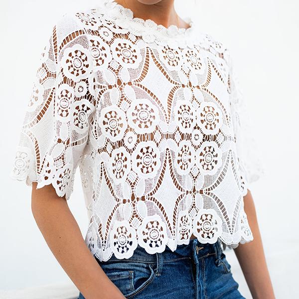 Chic Lace Hollow Short Sleeve Blouse