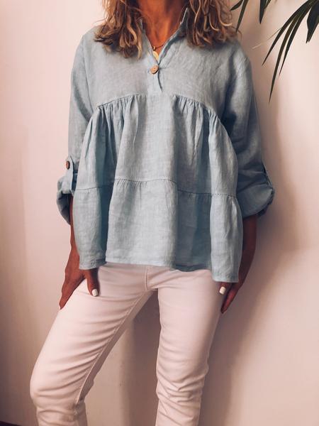 Casual Stand Collar Buttoned 3/4 Sleeve Solid Color Blouse