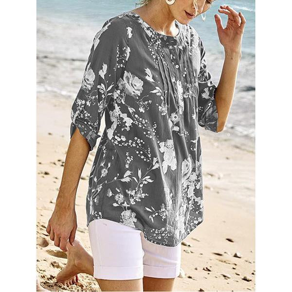 Casual Cotton Blend V-Neck Printed  Blouse