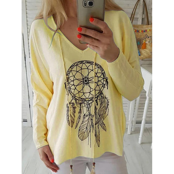 V-Neck Long Sleeve Mid-Length Casual Straight T-Shirt