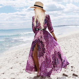 Women V Neck 3/4 Sleeve Floral Print Boho Chic Style Bohemia Dresses