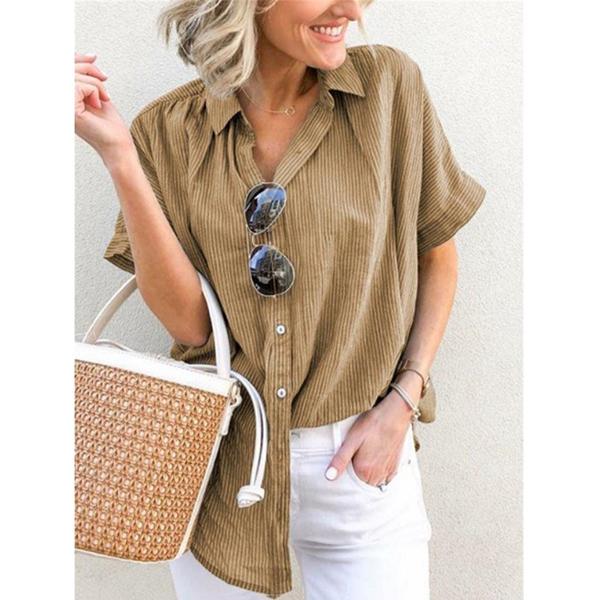 Striped Lapel Short Sleeves Button Blouse