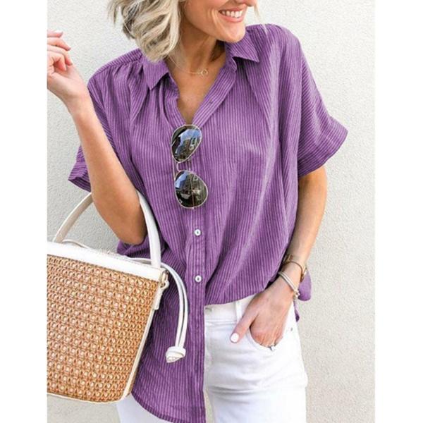 Striped Lapel Short Sleeves Button Blouse