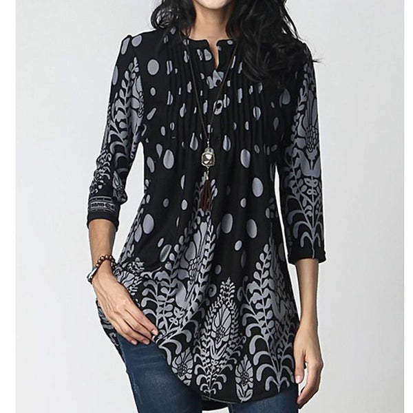 3/4 Sleeve Pintuck Notch Neck Tunic Button Print Ruffle Blouse