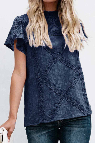 Women Summer Geometric Stitching Lace Short Sleeves Tops (6 Colors)