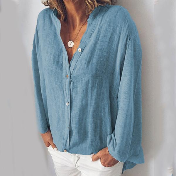 Cotton and  Linen V-neck Solid Color Loose Casual Blouses