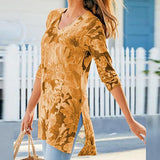 Casual V Neck Printed 3/4 Sleeve Blouse