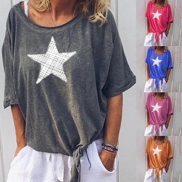 Star Printed Loose Solid Color Blouse