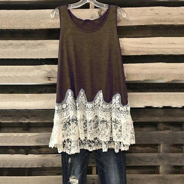 Solid Color Lace Stitching Sleeveless Blouse