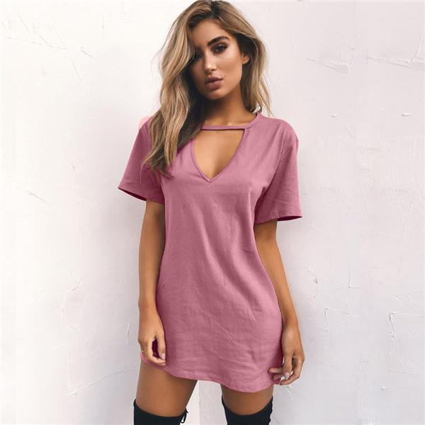 Fashion Sexy Pure V neck Short sleeve T-Shirts Dress