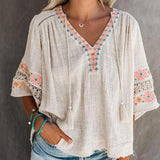 Casual V-Neck Printed Openwork Tops