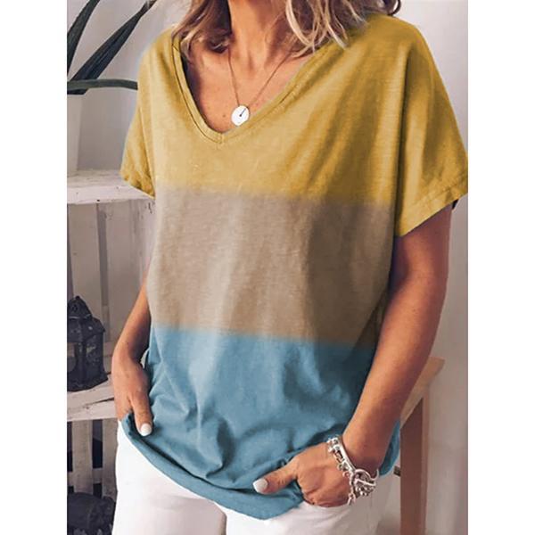 Plue Size Stitching Color V Neck Blouse