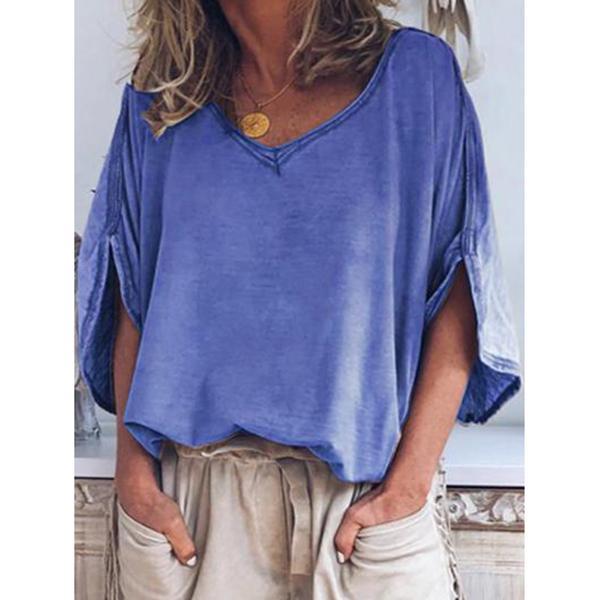 Casual Solid Short Sleeve V Neck T-Shirt