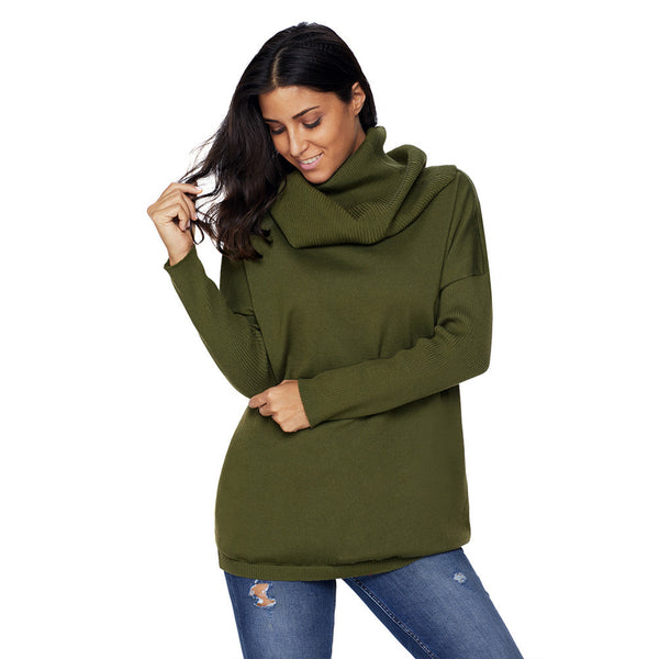 Women High Neck Pullover Long Sleeve Casual Knitted Sweater 
