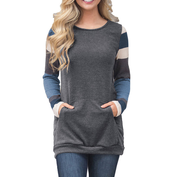 Women O-neck Long Sleeve Striped Pullover Plus Size Sweatshirts
