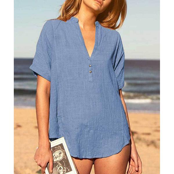 Loose V Neck Solid Color Summer Casual Blouse