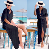 Chiffon wrinkled ultra-thin breathable buckle shirt collar holiday beach skirt beach sunscreen Cover Up
