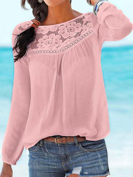 Women Round Neck Plain Lace Long Sleeve T-shirts