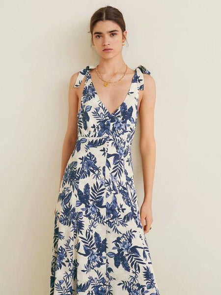Women Floral Printed V-Collar Sleeveless Backless Holiday Casual Dress