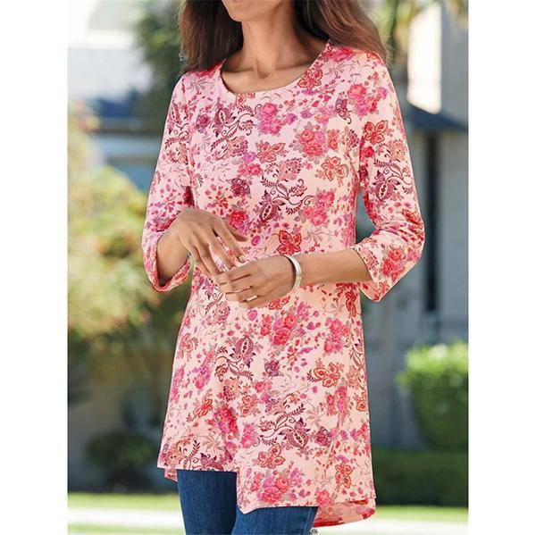 Floral Irregular Hem Round Neck Blouse