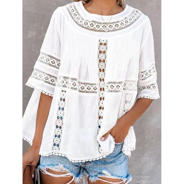 Summer White Embroidered Round Neck Blouse