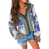 V-neck Printed Long-sleeve Blouses