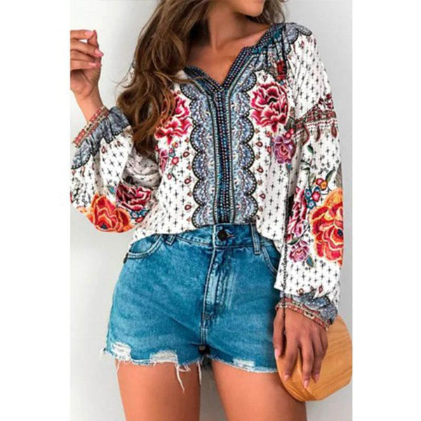 V-neck Printed Long-sleeve Blouses