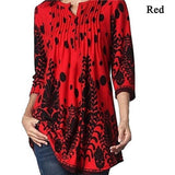 3/4 Sleeve Pintuck Notch Neck Tunic Button Print Ruffle Blouse