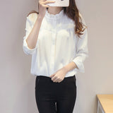 Women Ruffled Collar Long Sleeve Plain Blouse