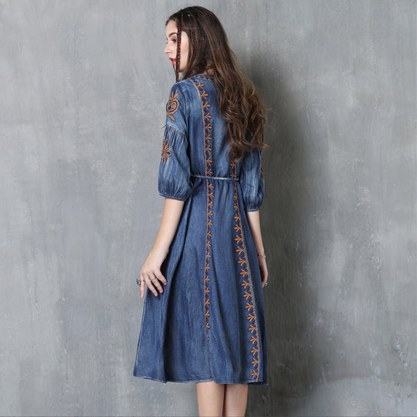 Large size embroidery denim skirt National style drawstring JEAN DRESSES