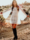 Full Lace Embroidered Flared Sleeve Hollow Vacation Beach Cover-Ups