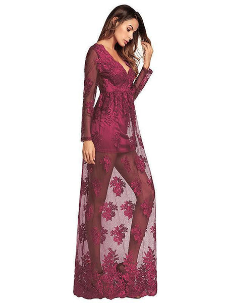 V-neck Embroidered Hollow Evening Dress