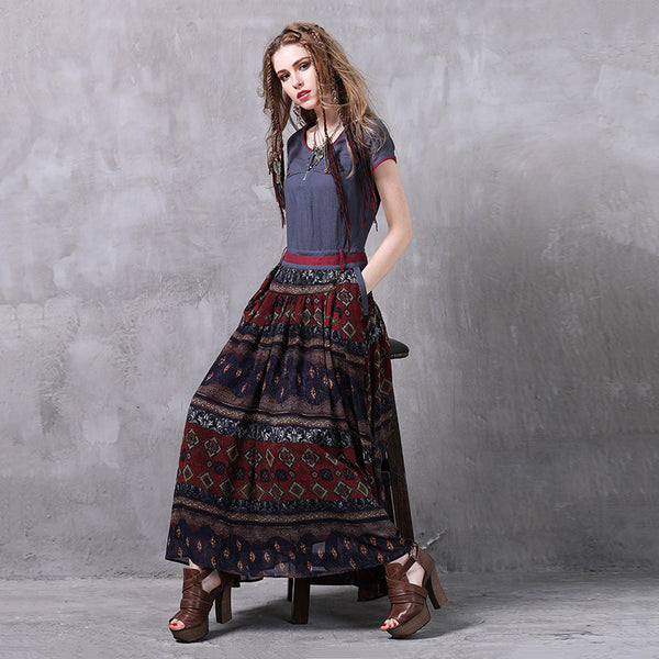 New cotton and linen swing skirt National wind print short sleeve JEAN DRESSES