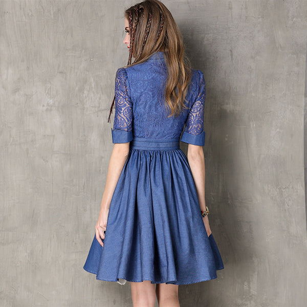 New slim denim skirt Vintage openwork lace sleeve dress