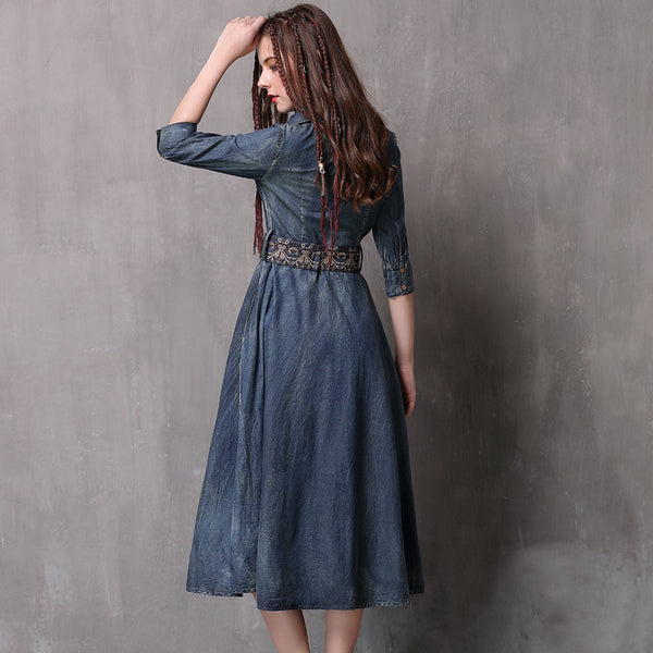 New slim denim dresses with retro embroidered mid-sleeve dresses