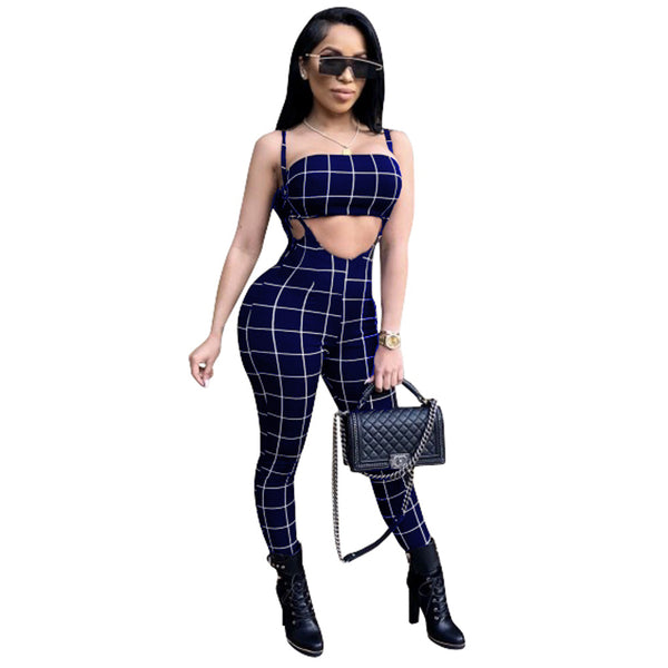 Sexy Plaid Spaghetti Strap Crop Top and Pants Set