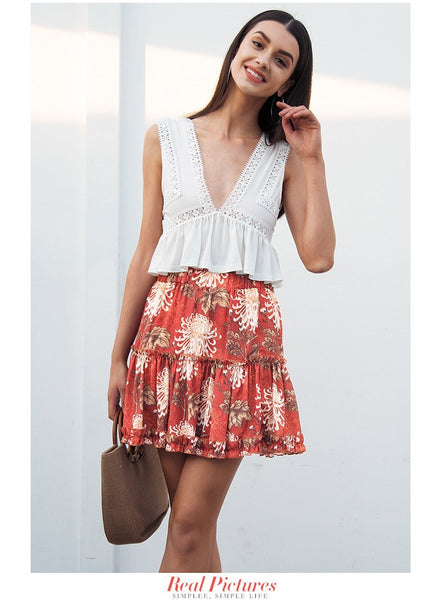 Boho Floral Print Ruffle Mini Skirt A-Line Casual Beach Summer