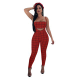 Sexy Plaid Spaghetti Strap Crop Top and Pants Set