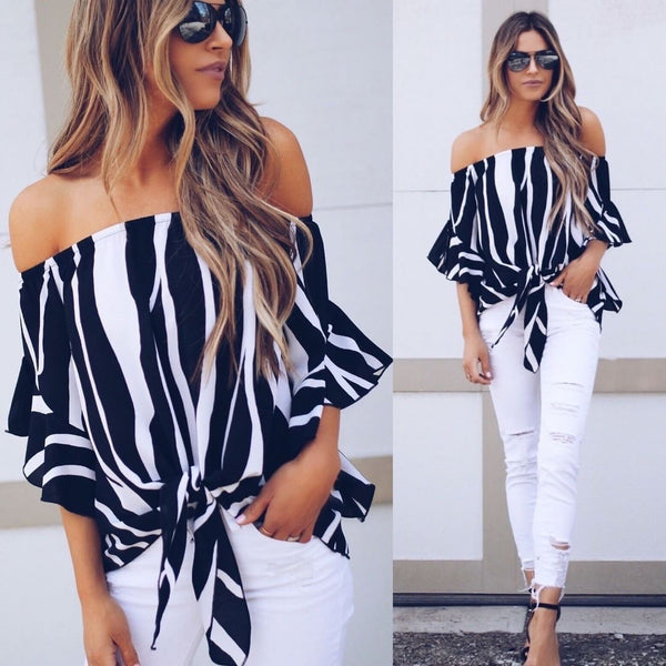 Loose Chiffon Off Shoulder Striped Blouse