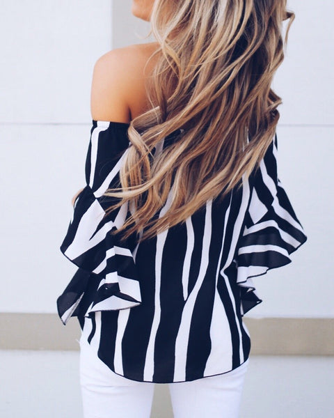 Loose Chiffon Off Shoulder Striped Blouse