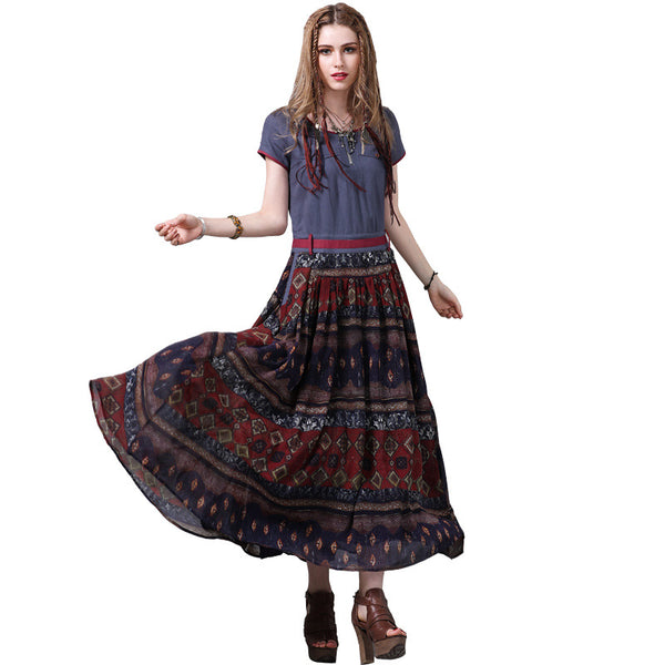 New cotton and linen swing skirt National wind print short sleeve JEAN DRESSES