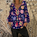 V Neck Flower Printed Loose Blouse