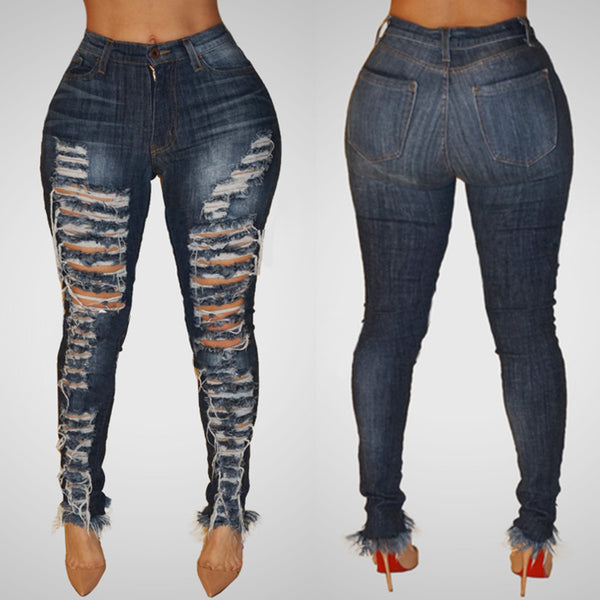 Women Fashion Low Waist Hole Ripped Skinny jeans