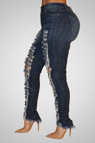 Women Fashion Low Waist Hole Ripped Skinny jeans