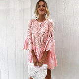 Sexy button lace round collar ruffled seven-point sleeve dress